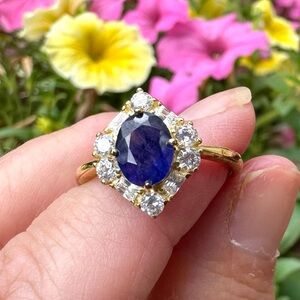 BRAND NEW Sapphire Halo Ring, 18k Gold Vermeil, Sz 8.5